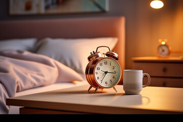 Serene Bedroom Setting with Alarm Clock Reminding of the Start of a New Day. created with Generative AI