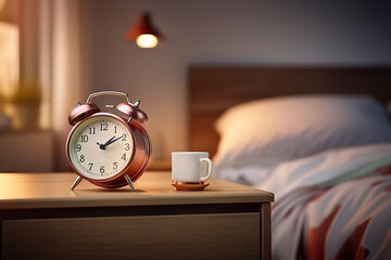 Serene Bedroom Setting with Alarm Clock Reminding of the Start of a New Day. created with Generative AI