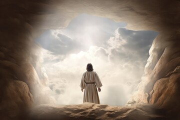 Jesus Leaving Empty Tomb, Easter. Easter Jesus Christ rose from the dead. Sunday morning. The empty tomb in the background of the crucifixion. Happy easter. Generative AI