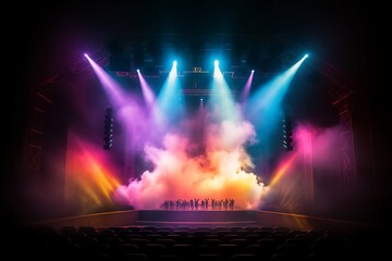 Enchanting Theater Ambiance: Concert Stage Illuminated by Vibrant Spotlights and Smoke Effects, Generative AI. - obrazy, fototapety, plakaty