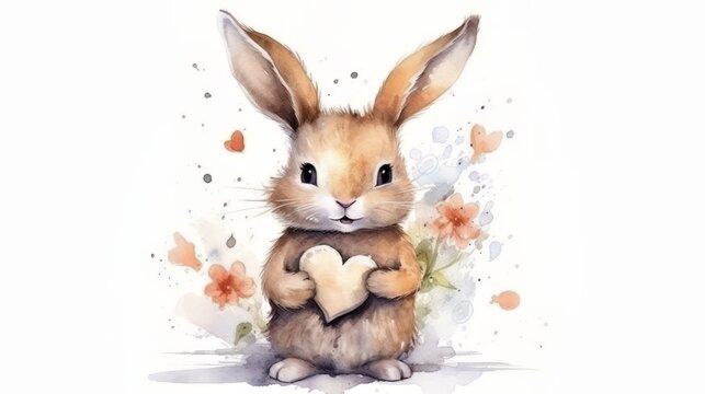 A cute rabbit holding a heart painted with watercolors. Generative ai