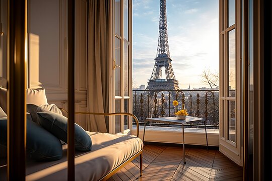 Luxurious Apartment View Of The Eiffel Tower, Generative AI.