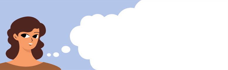 Banner with a talking woman. Cute girlish face. Woman's day concept. Flat vector cartoon design