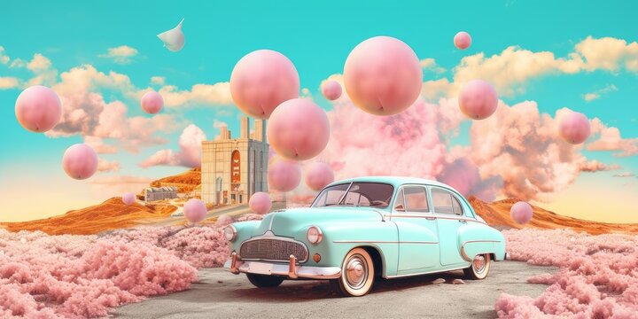 1960's style collage with retro car on dreamy summer road. Romantic holidays trip concept. Ai generated art. 