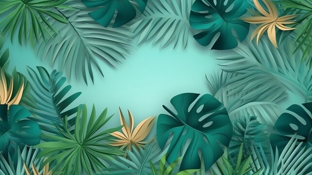 A lush tropical background with green and gold palm leaves. Generative ai