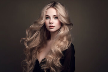 Naklejka premium Radiant Blonde Beauty: Captivating Waves and Flowing Mane in a Stunning Studio Portrait
