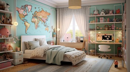 A stylish and cozy retro-inspired bedroom for kids. Generative AI