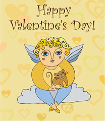 Angel sitting on a cloud with a cat on hands. St. Valentine's Day. Congratulatory card