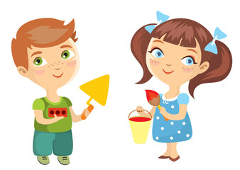 Little builders. Boy and the girl with tools in hands