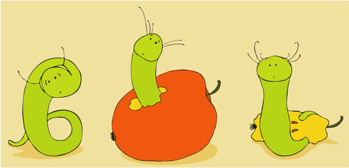 Three green amusing worms eat red apples