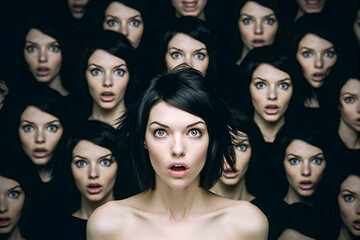 Obraz premium Nude Brunette's Haunting Gaze: Startled Woman Surrounded by Uncanny Clones in a Surreal Encounter