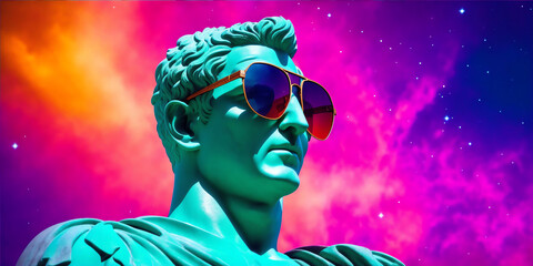 Julius ceasar statue wearing a colorful sunglasses on dark cosmos universe from generative AI