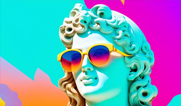 Retro vintage design background with Marble head statue of an ancient Greek god athena with colorful sunglasses from generative AI
