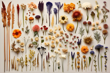 Dried flowers knolling lay flat arrangement