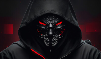 Hacker in black hoodie and oni mask that hides his face. from generative AI