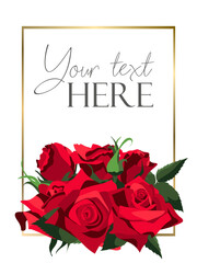 Flat style background template with red roses bunch on white background with golden frame