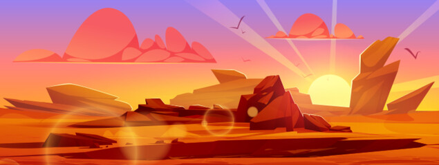 Sunrise desert landscape under blazing sun in orange sky. Vector cartoon illustration of rocky canyon, cliffs and sand, hot red rock cliff, wild territory with stones and flying birds. Game background