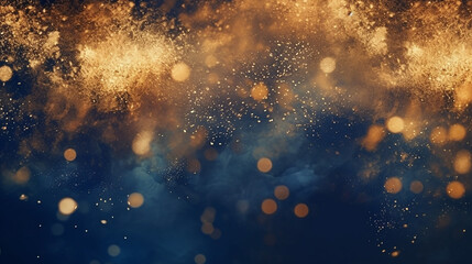 Gold and dark blue fireworks and bokeh in new year eve. Generative AI - obrazy, fototapety, plakaty