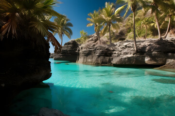 Plakat Blue lagoon with palm tree and turquoise blue water, Generative AI