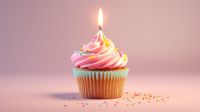 Happy birthday cupcake 3D rendering.