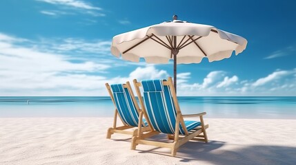 Two beach chairs and an umbrella on a sandy beach with blue ocean waves in the background. Generative ai