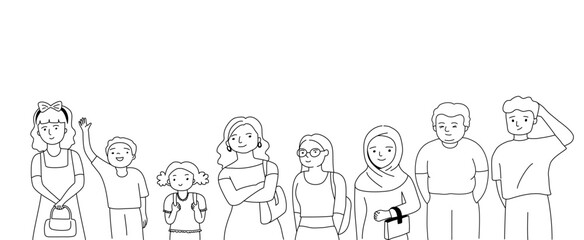 Group of different People stand together, outline doodle cartoon style.