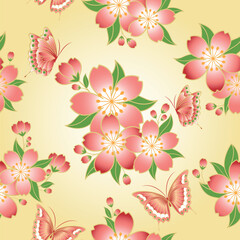 Obraz premium Oriental seamless pattern cherry blossom with butterfly