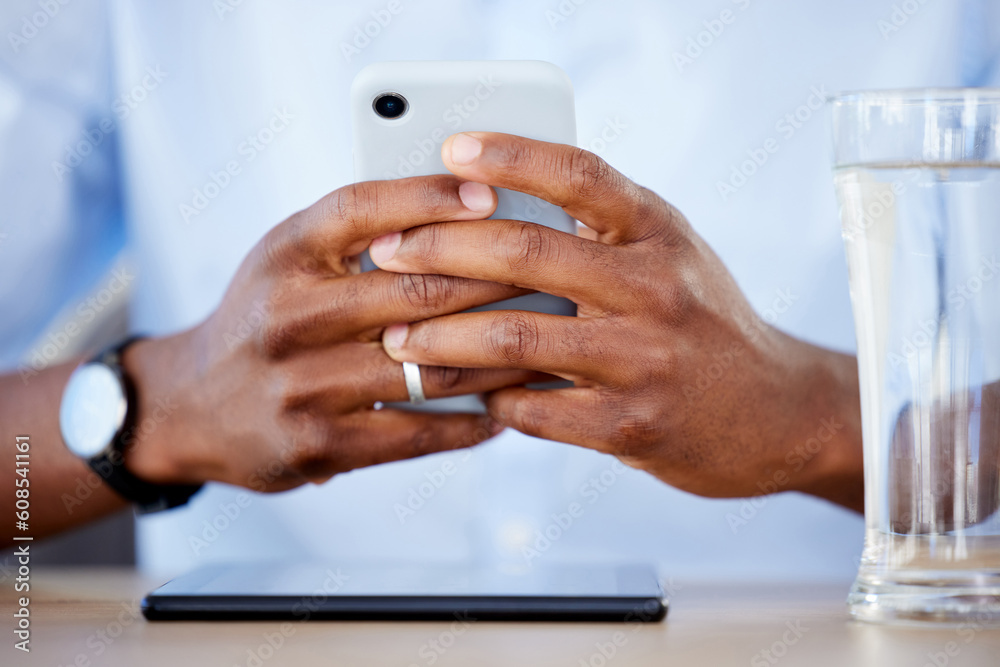 Poster Hands, smartphone and typing, social media and chat online with communication, technology and contact. Closeup of person scroll notification, using phone and mobile app with internet and connectivity