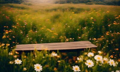 Naklejka premium a wooden table in the field Cinematic daylight generative ai illustration art..