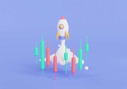 Growing financial index concept. Business candle stick graph chart icon with rocket rising. Trend of graph, Stock and forex trading, Stock market chart up. online trading. 3d icon render illustration