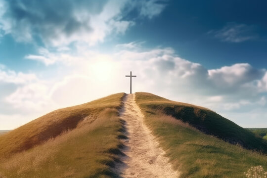 Path with stairs leading to Christian cross on hill. Happy easter. Christian symbol of faith. Generative AI