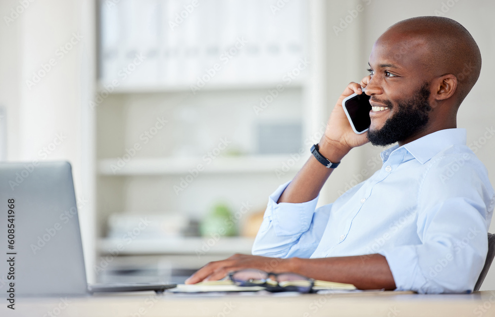 Poster black man, phone call and business contact, communication and networking with smile during conversat