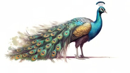 Obraz premium A majestic peacock displaying its colorful feathers on a plain white background. Generative ai