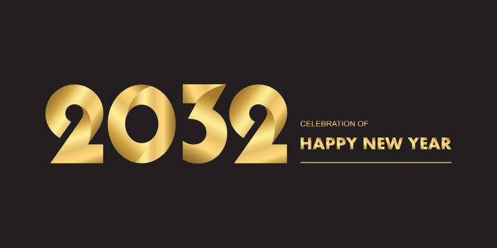 New year 2032 celebrations gold greetings poster isolated over black background.