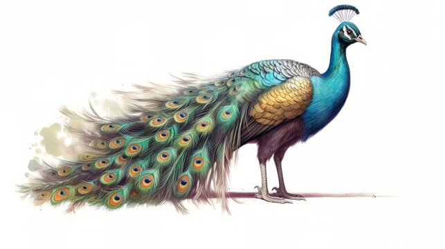 A majestic peacock displaying its colorful feathers on a plain white background. Generative ai