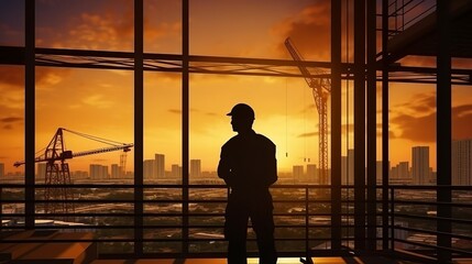 Silhouette of Engineer and worker checking project at building site background, the construction site at sunset in the evening time. Generative AI.