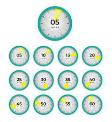 Set of cartoon style decent timer clocks with five minutes gap vector illustration
