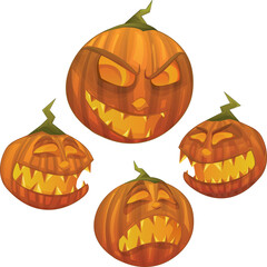 Vector Halloween pumpkin character with different face expressions: scared, evil, scary, happy
