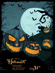 Vector Halloween template with night landscape, evil pumpkins, spooky naked tree, graveyard  with glowing moon and clouds in the back. Space for your text