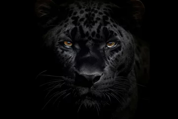 Foto op Plexiglas Black panther close-up face on black background. Generative AI © nadunprabodana
