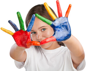 Little girl showing painted colorful hands