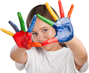 Little girl showing painted colorful hands