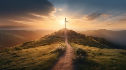 Path with stairs leading to Christian cross on hill. Happy easter. Christian symbol of faith. Generative AI - 608542925