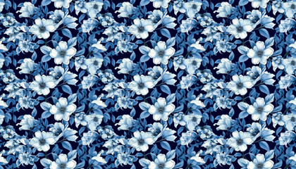 Seamless floral textile pattern with blue flowers and leaves. Floral fabric and wallpaper