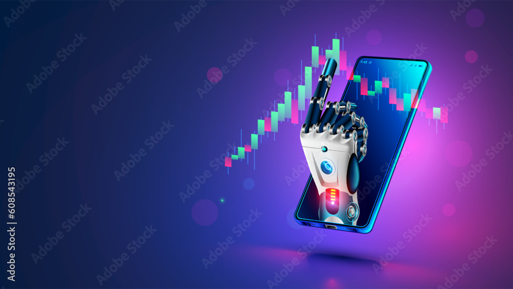 Aufkleber Robot trader. AI for automation trading on stock market. Hand robot point at candlestick graph on screen phone. Artificial intelligence trader. Artificial Neural network in App for Online trading.