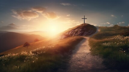 Path with stairs leading to Christian cross on hill. Happy easter. Christian symbol of faith. Generative AI - 608543107
