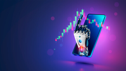Robot trader. AI for automation trading on stock market. Hand robot point at candlestick graph on screen phone. Artificial intelligence trader. Artificial Neural network in App for Online trading. - obrazy, fototapety, plakaty