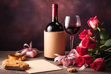 Blank letter, rose, bottle of wine, cookies. Generative AI