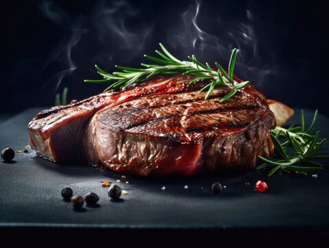 Cooked grilled Chuck eye roll steak on a chopping Board. Dark background Generative AI
