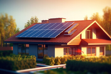 New house with solar panels on the roof Clean and Sustainable Energy Under the Clear Sky Close-up photo of a solar panel. Generative AI